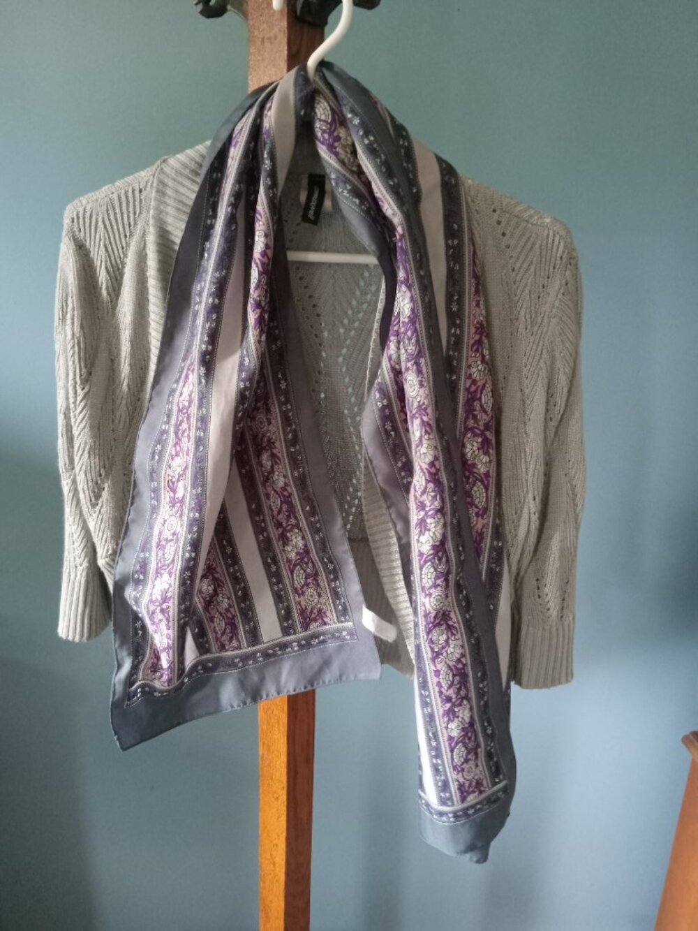 Ladies laser cut grey mid sleeve cardigan with purple paisley polyester scarf
